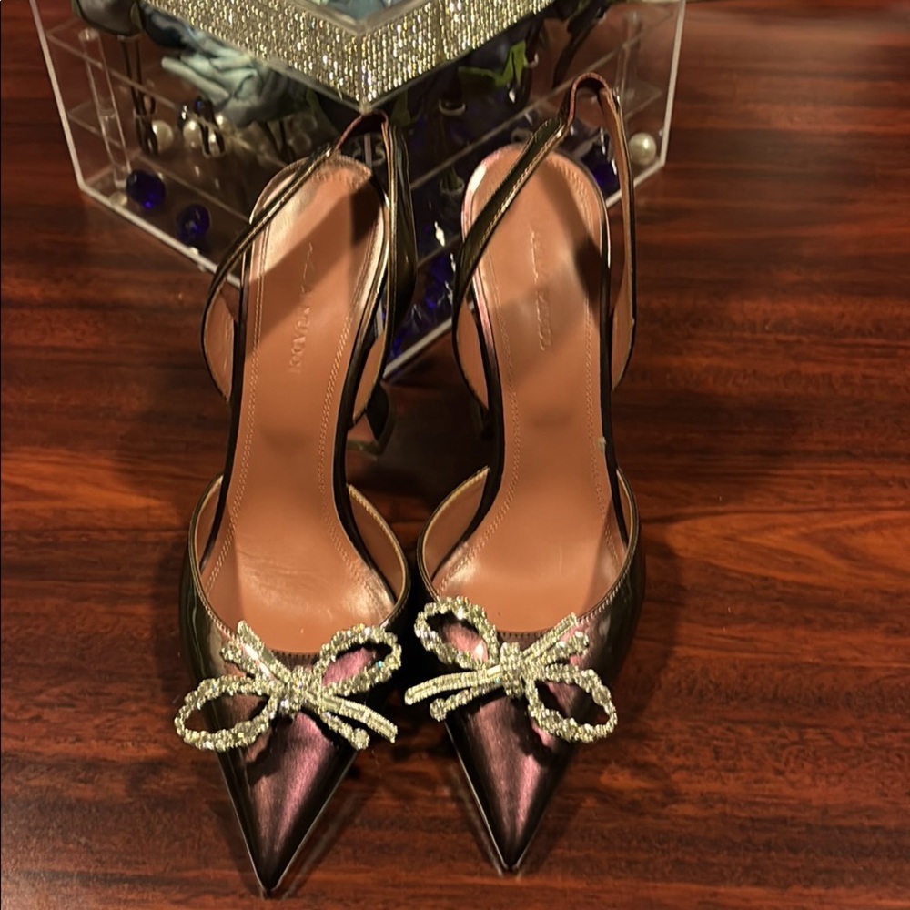 Amina Muaddi Black and Silver Heels with Crystal Bow